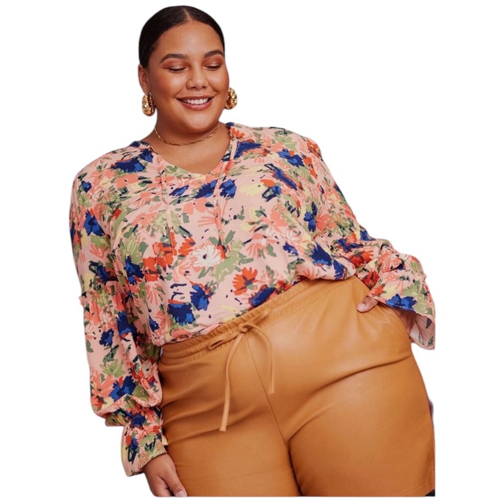 NEW ELOQUII women's plus size 20 soft gathered Yoke floral orange blouse top